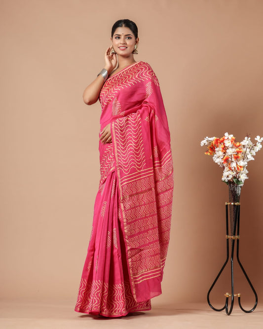 Premium Hand Block Printed Chanderi Silk Saree With Blouse