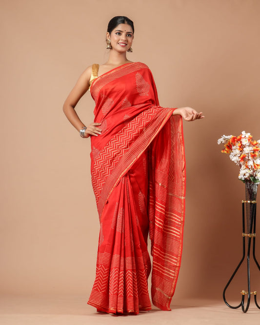 Premium Hand Block Printed Chanderi Silk Saree With Blouse