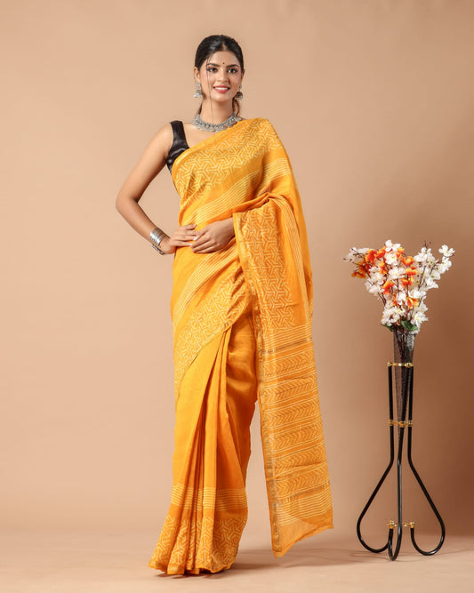 Premium Hand Block Printed Chanderi Silk Saree With Blouse