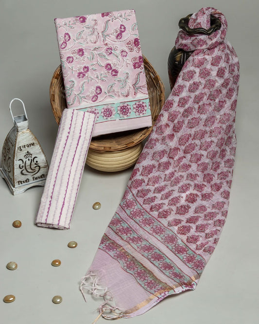 Pure Cotton Hand Block Printed Suit Set With Kota Doria Dupatta