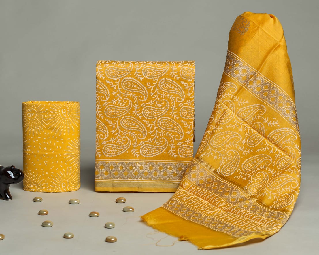 Designer Handblock Printed Chanderi Silk Suit Set