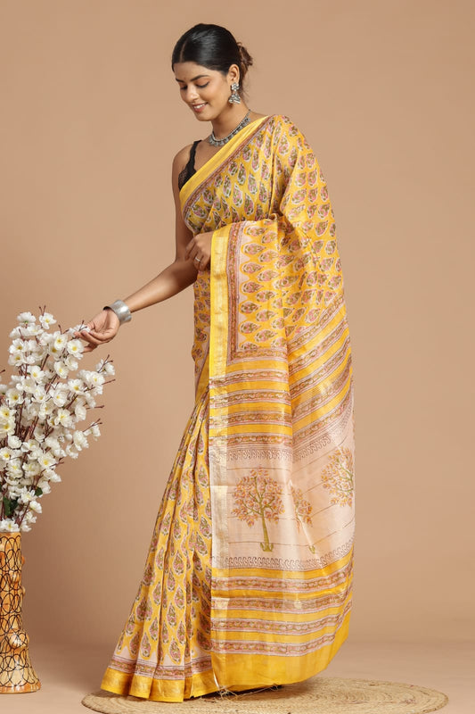 Premium Designer Hand Block Printed Maheshwari Silk Saree With Blouse