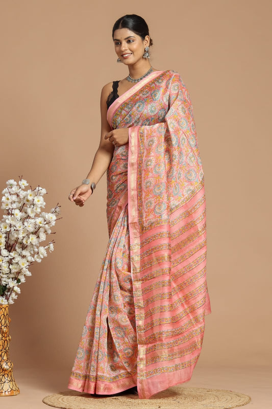 Premium Designer Hand Block Printed Maheshwari Silk Saree With Blouse