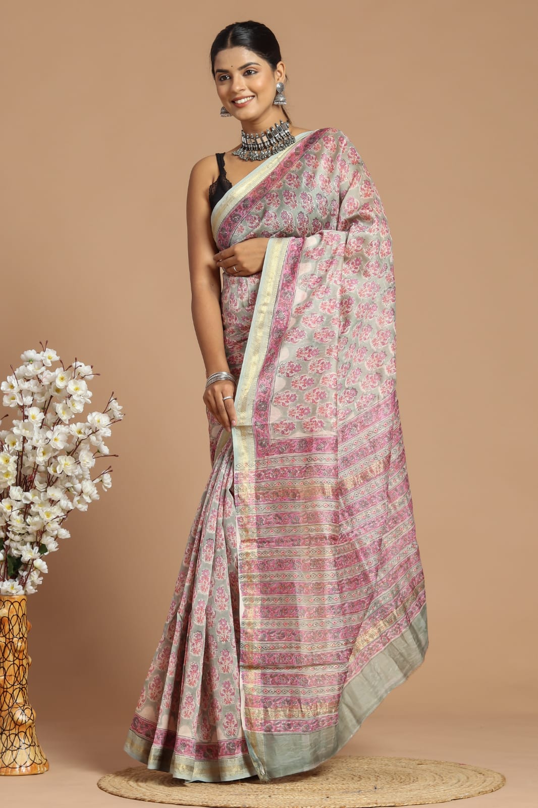 Premium Designer Hand Block Printed Maheshwari Silk Saree With Blouse