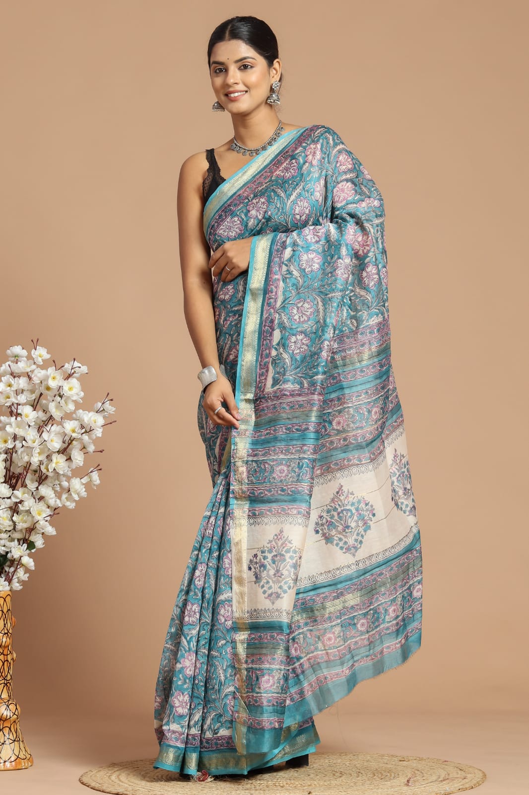 Premium Designer Hand Block Printed Maheshwari Silk Saree With Blouse