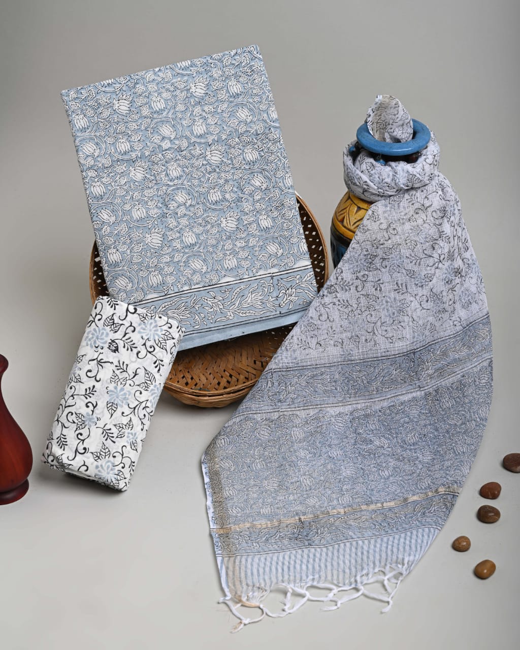 Pure Cotton Hand Block Printed Suit Set With Kota Doria Dupatta