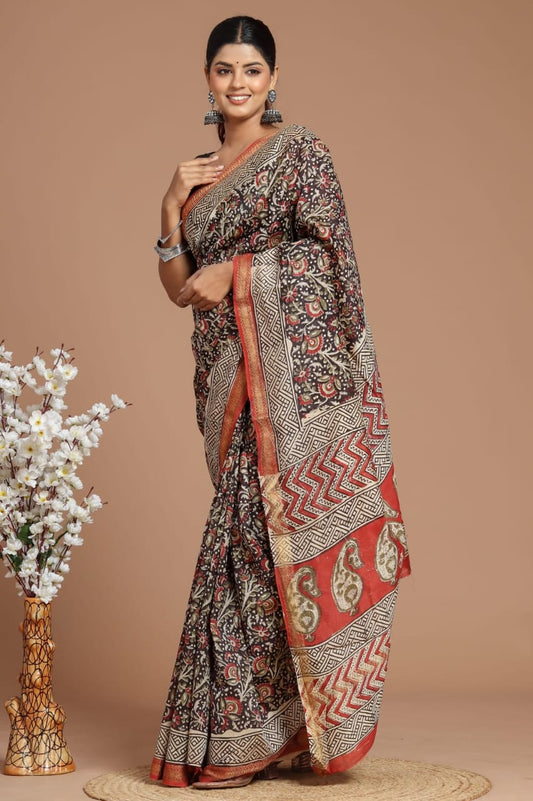 Premium Designer Hand Block Printed Maheshwari Silk Saree With Blouse