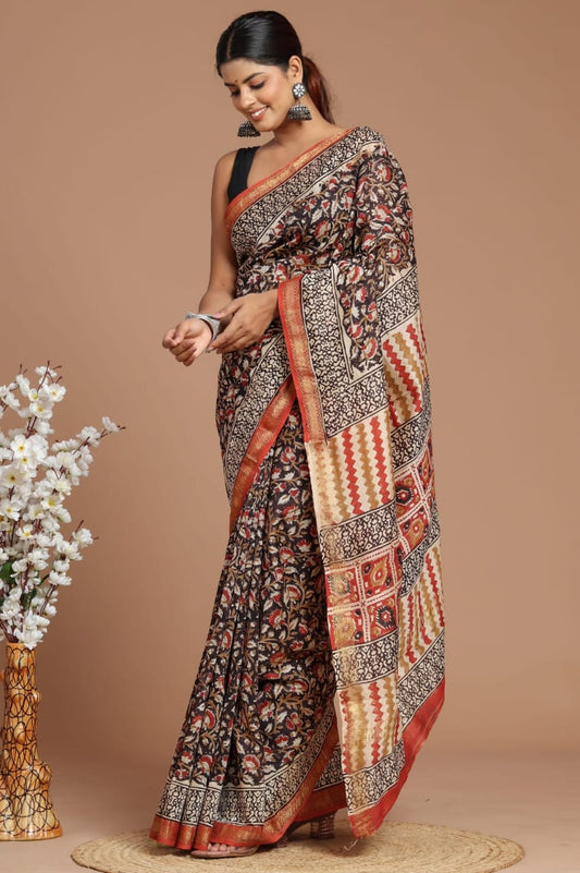 Premium Designer Hand Block Printed Maheshwari Silk Saree With Blouse