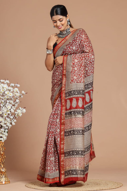 Premium Designer Hand Block Printed Maheshwari Silk Saree With Blouse