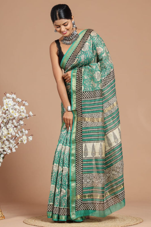 Premium Designer Hand Block Printed Maheshwari Silk Saree With Blouse