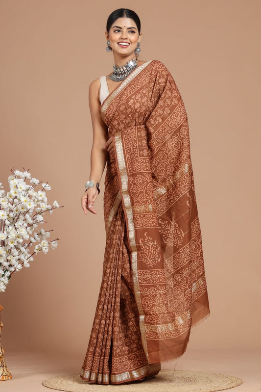 Premium Designer Hand Block Printed Maheshwari Silk Saree With Blouse