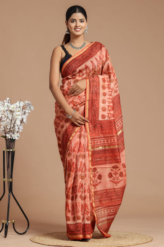 Premium Hand Block Printed Chanderi Silk Saree With Blouse