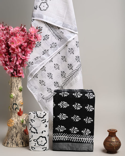 Hand Block Printed Cotton Linen Suit Set With Dupatta