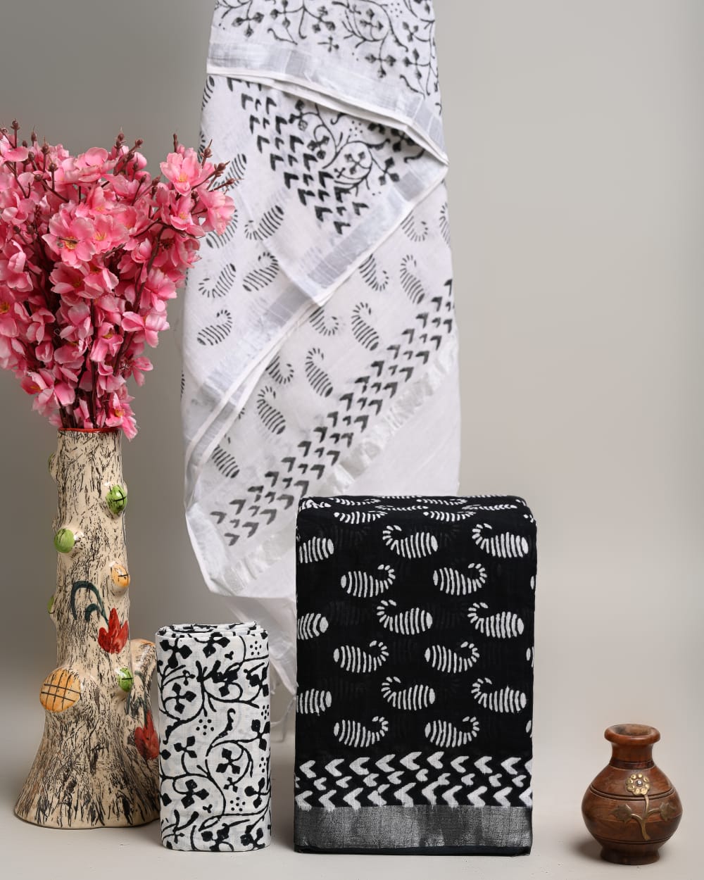 Hand Block Printed Cotton Linen Suit Set With Dupatta