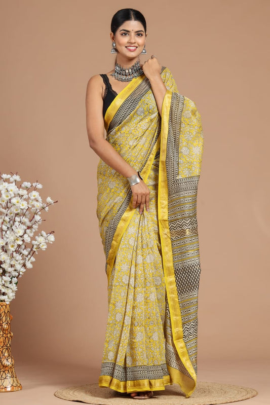 Premium Designer Hand Block Printed Maheshwari Silk Saree With Blouse