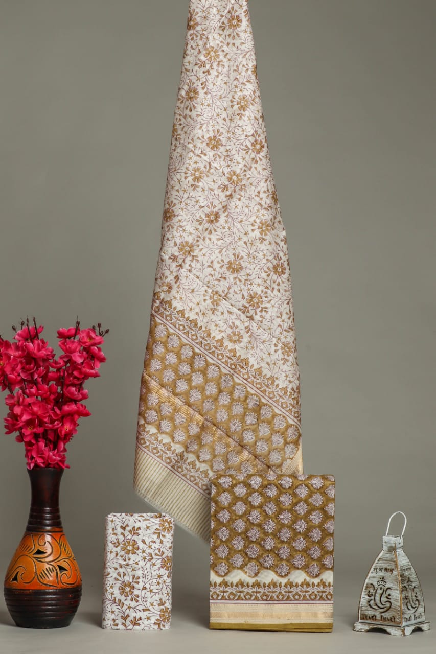 Designer Handblock Printed Maheshwari Silk Suit Set