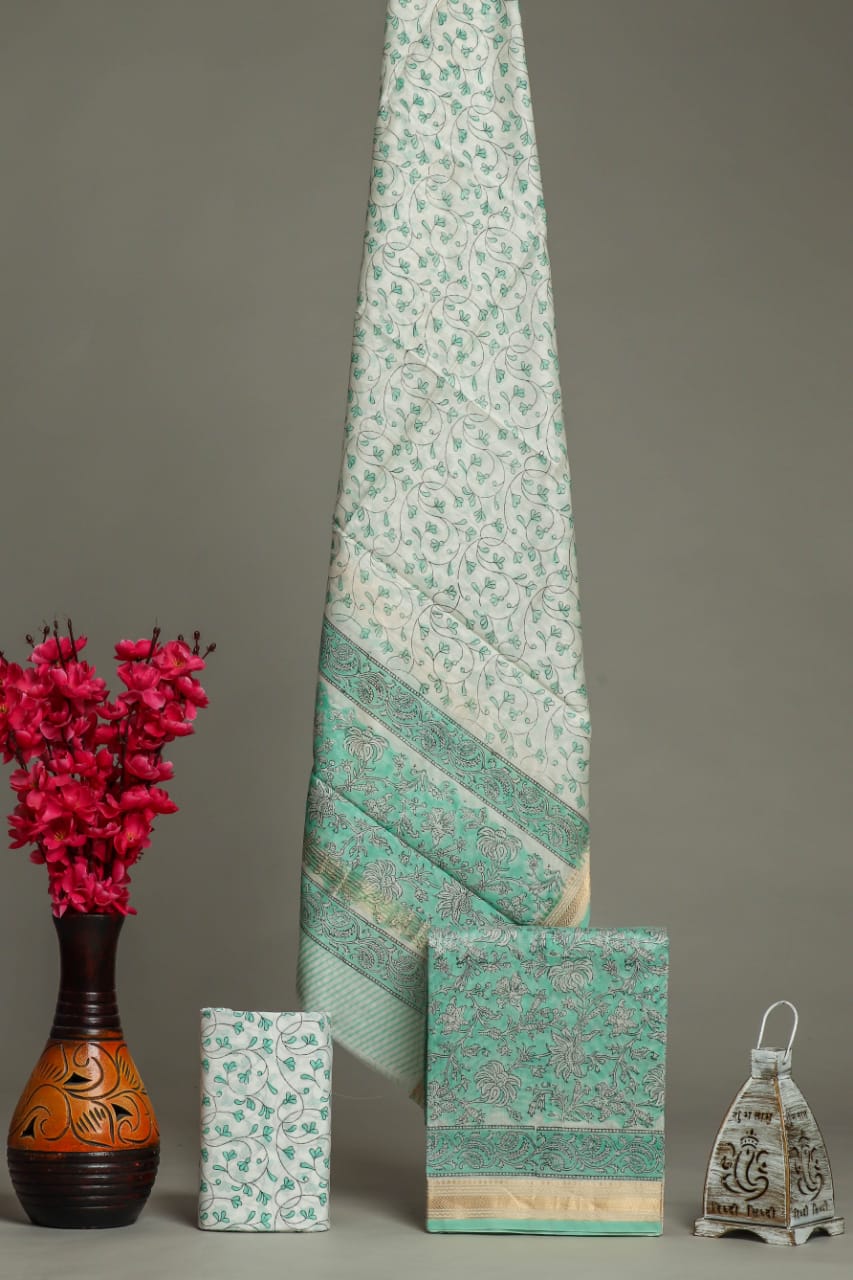 Designer Handblock Printed Maheshwari Silk Suit Set
