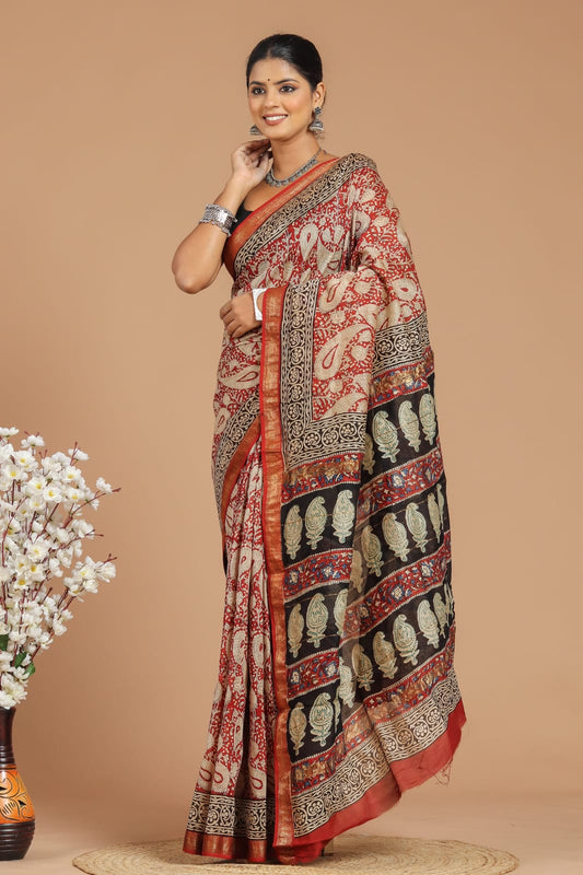 Premium Designer Hand Block Printed Maheshwari Silk Saree With Blouse