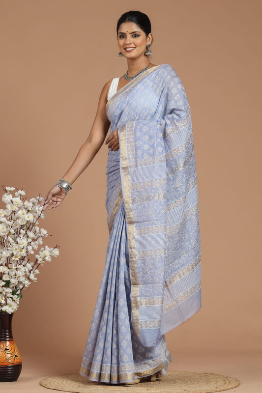 Premium Designer Hand Block Printed Maheshwari Silk Saree With Blouse