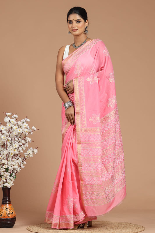 Premium Designer Hand Block Printed Maheshwari Silk Saree With Blouse