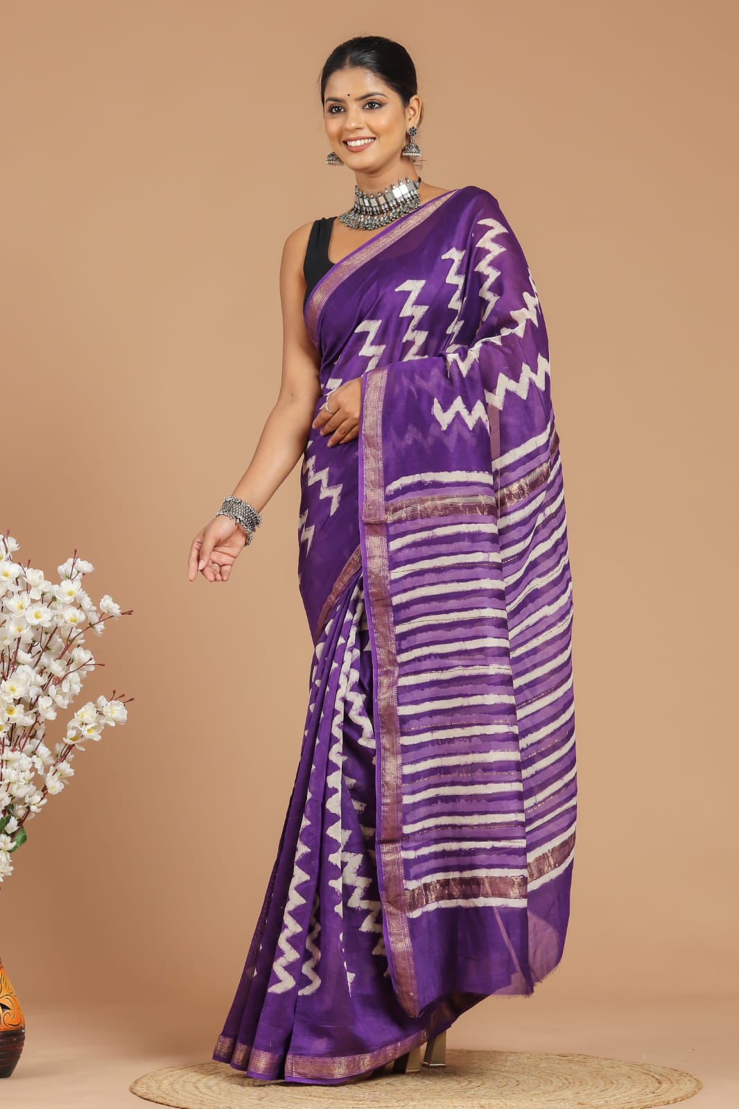 Premium Designer Hand Block Printed Maheshwari Silk Saree With Blouse