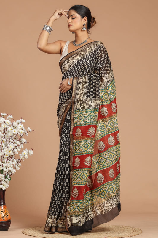 Premium Designer Hand Block Printed Maheshwari Silk Saree With Blouse