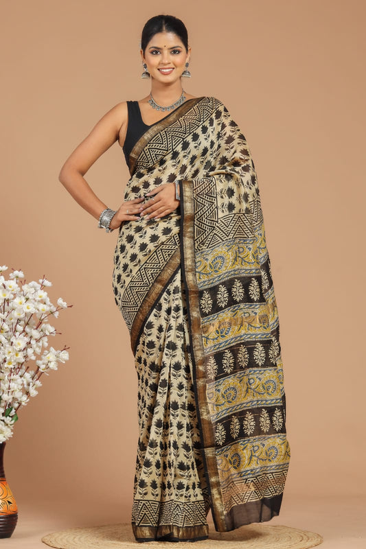 Premium Designer Hand Block Printed Maheshwari Silk Saree With Blouse