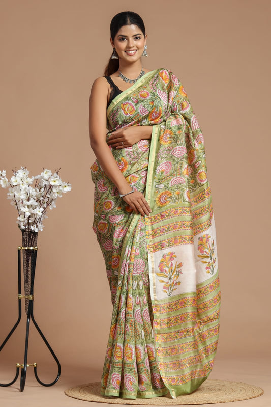 Premium Hand Block Printed Chanderi Silk Saree With Blouse