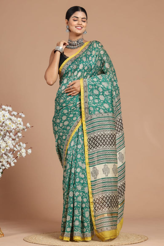 Premium Hand Block Printed Chanderi Silk Saree With Blouse