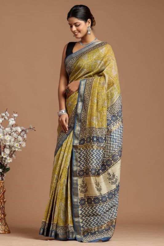 Premium Designer Hand Block Printed Maheshwari Silk Saree With Blouse