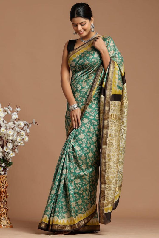 Premium Designer Hand Block Printed Maheshwari Silk Saree With Blouse