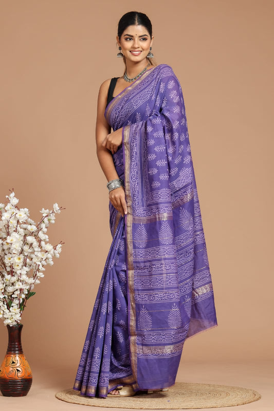 Premium Designer Hand Block Printed Maheshwari Silk Saree With Blouse