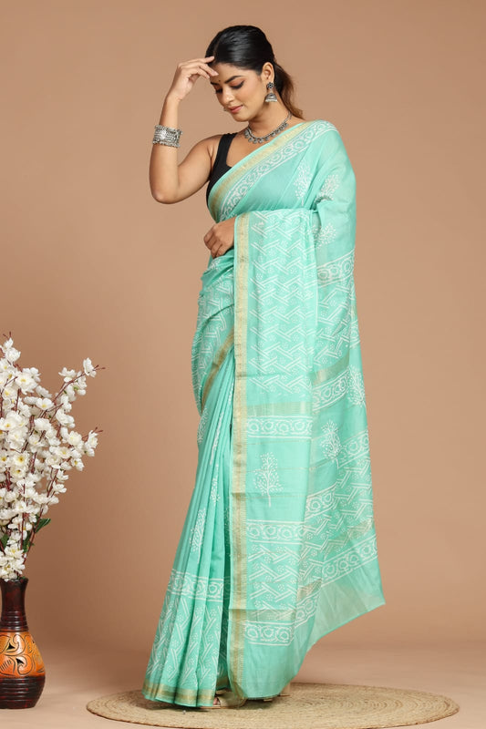 Premium Designer Hand Block Printed Maheshwari Silk Saree With Blouse