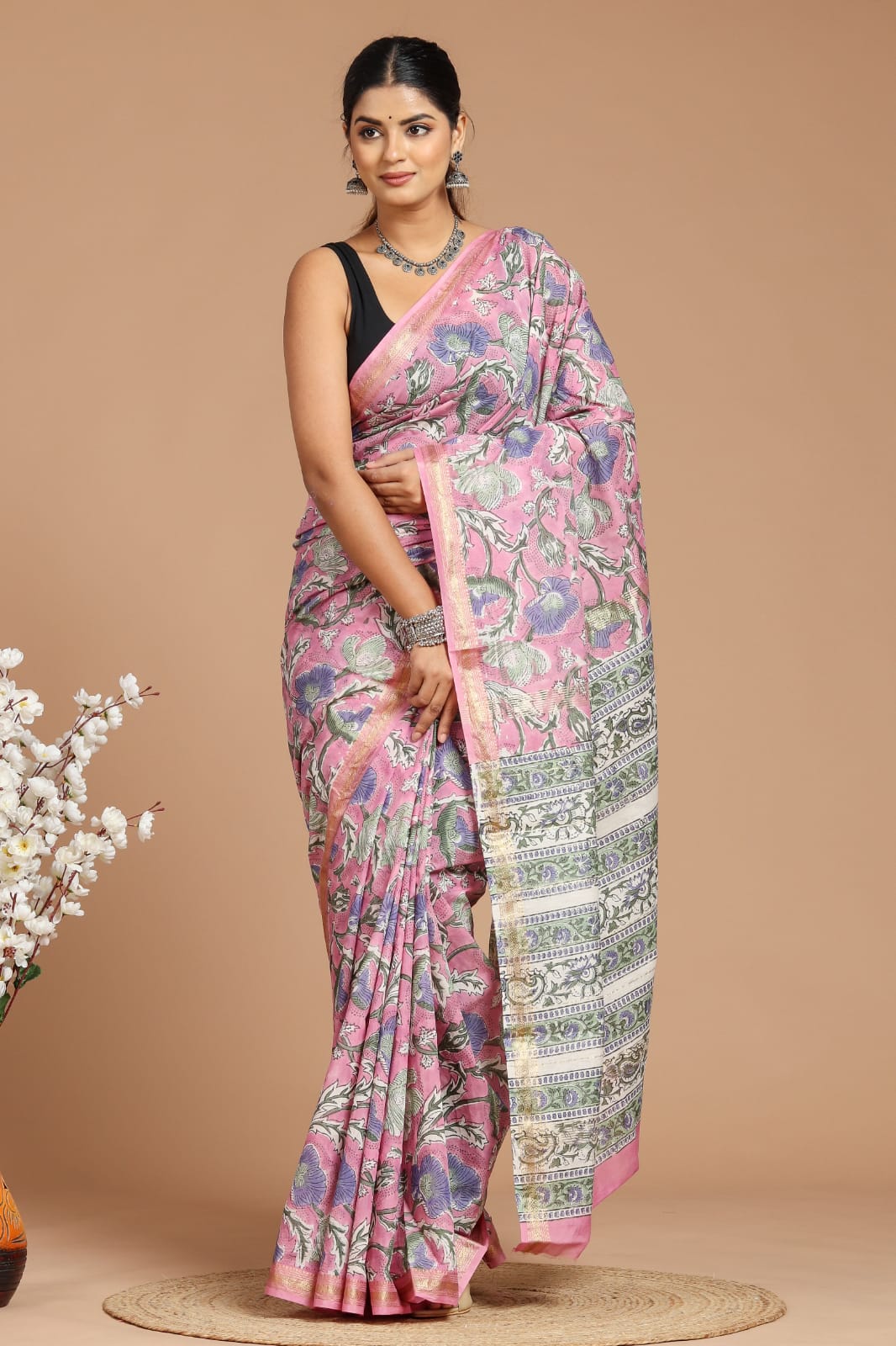 Premium Designer Hand Block Printed Maheshwari Silk Saree With Blouse