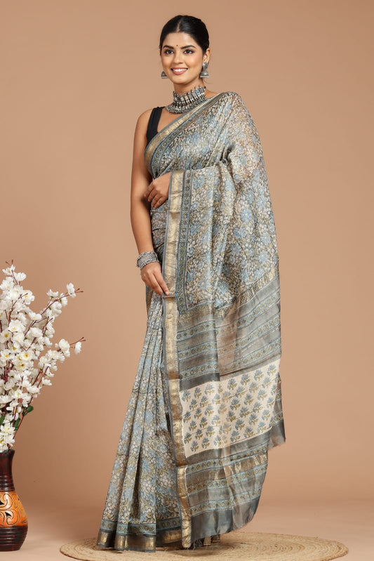 Premium Designer Hand Block Printed Maheshwari Silk Saree With Blouse