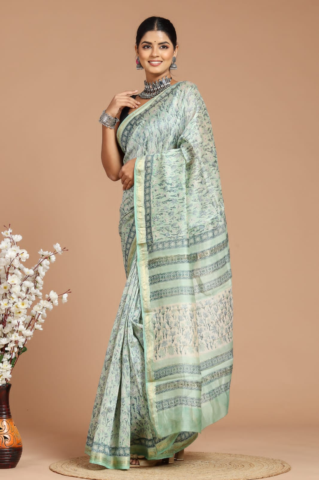 Premium Designer Hand Block Printed Maheshwari Silk Saree With Blouse