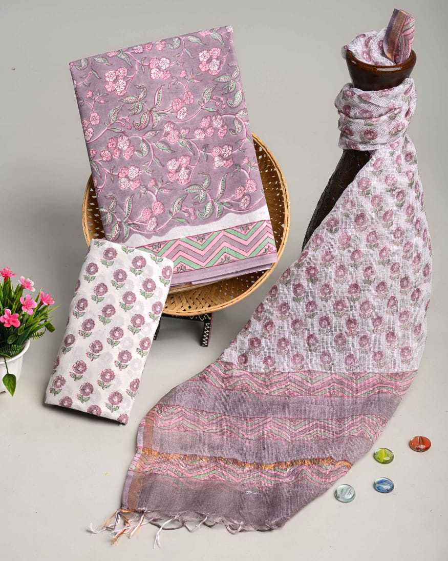 Pure Cotton Hand Block Printed Suit Set With Kota Doria Dupatta
