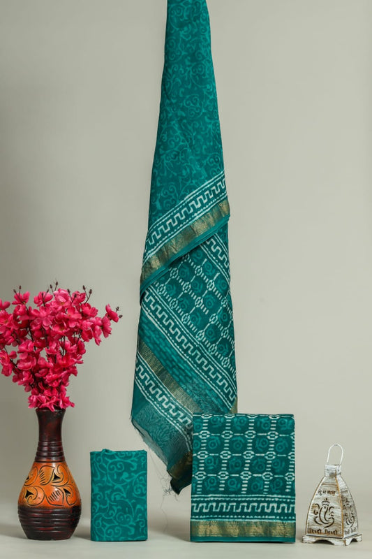 Designer Handblock Printed Maheshwari Silk Suit Set