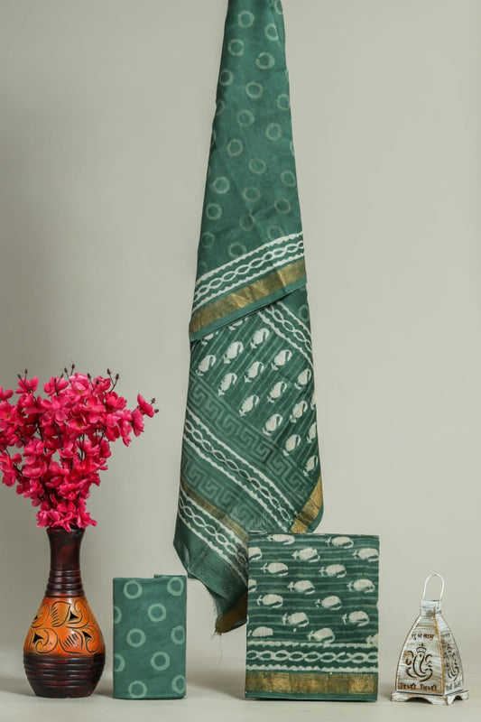 Designer Handblock Printed Maheshwari Silk Suit Set