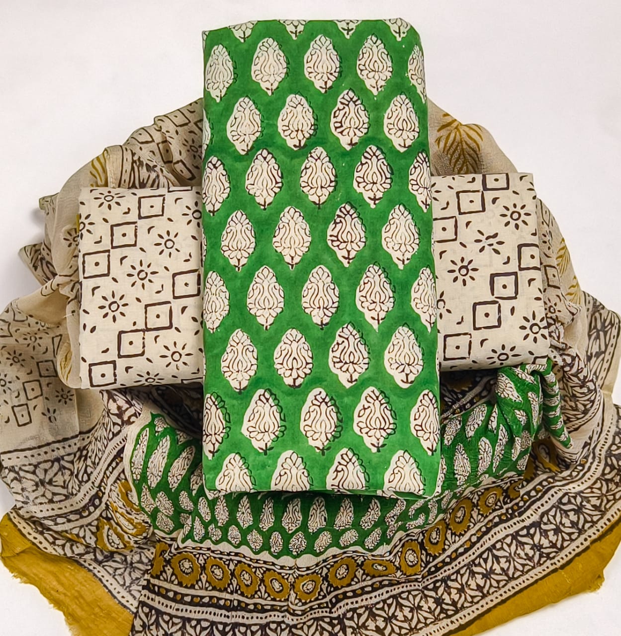 Pure Cotton Hand Block Printed Suit Set With Chiffon Dupatta