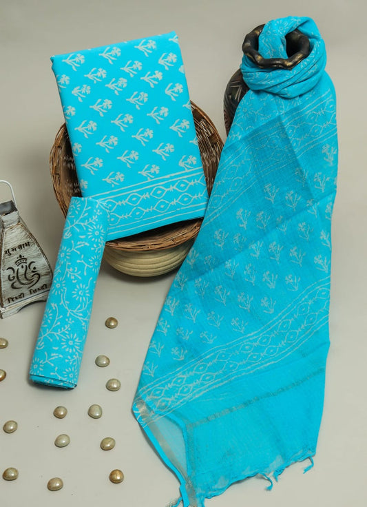 Pure Cotton Hand Block Printed Suit Set With Kota Doria Dupatta