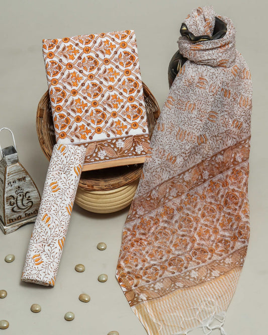 Pure Cotton Hand Block Printed Suit Set With Kota Doria Dupatta