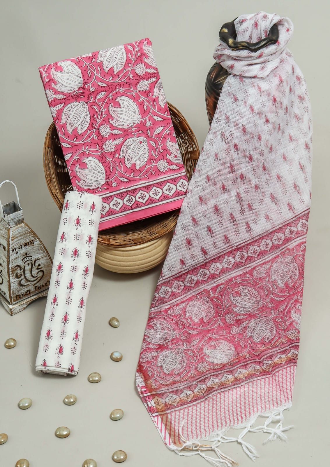 Pure Cotton Hand Block Printed Suit Set With Kota Doria Dupatta