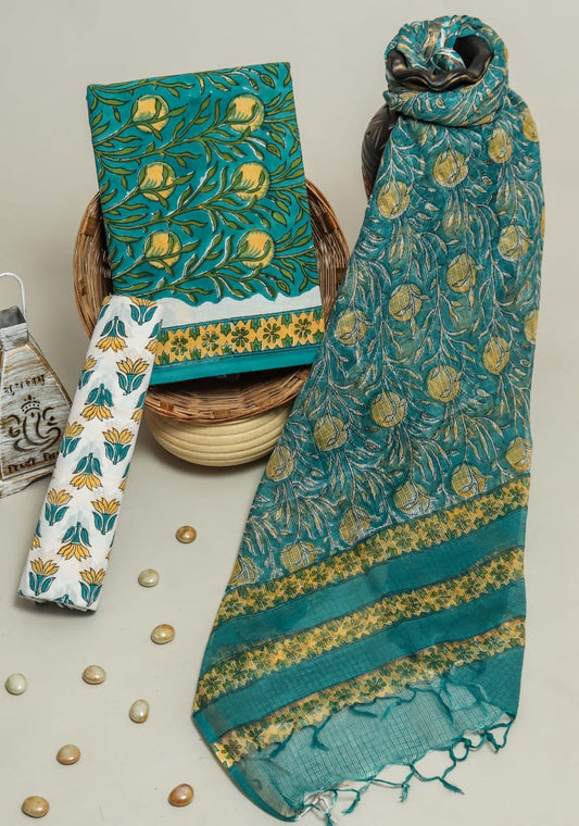 Pure Cotton Hand Block Printed Suit Set With Kota Doria Dupatta