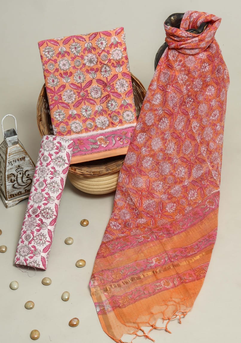 Pure Cotton Hand Block Printed Suit Set With Kota Doria Dupatta