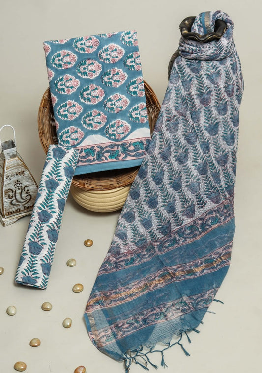 Pure Cotton Hand Block Printed Suit Set With Kota Doria Dupatta