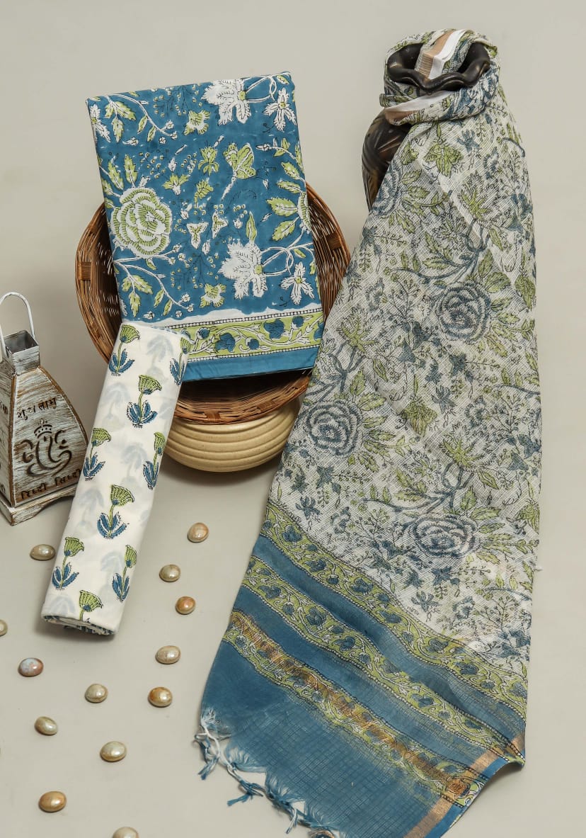 Pure Cotton Hand Block Printed Suit Set With Kota Doria Dupatta