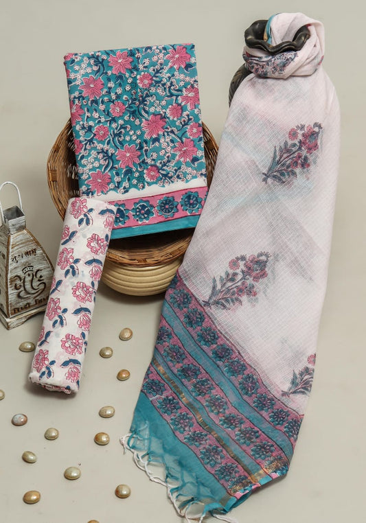 Pure Cotton Hand Block Printed Suit Set With Kota Doria Dupatta