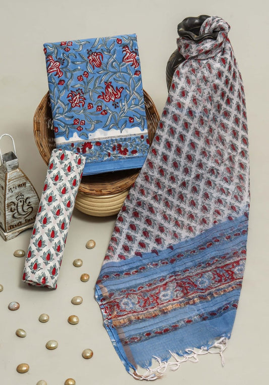 Pure Cotton Hand Block Printed Suit Set With Kota Doria Dupatta