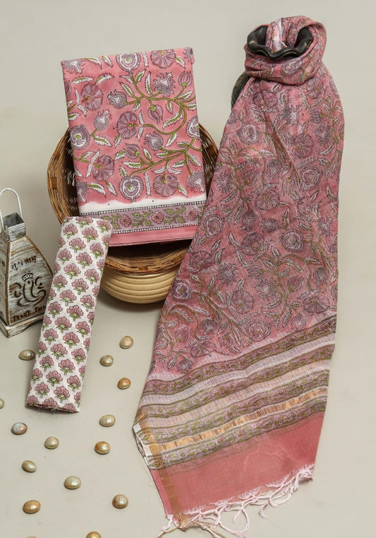 Pure Cotton Hand Block Printed Suit Set With Kota Doria Dupatta